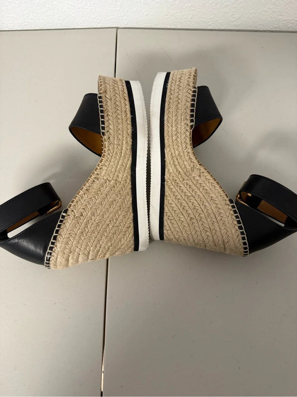 See By Chloé Glyn Black Leather Espadrille Wedge Sandals Size 8 / 38